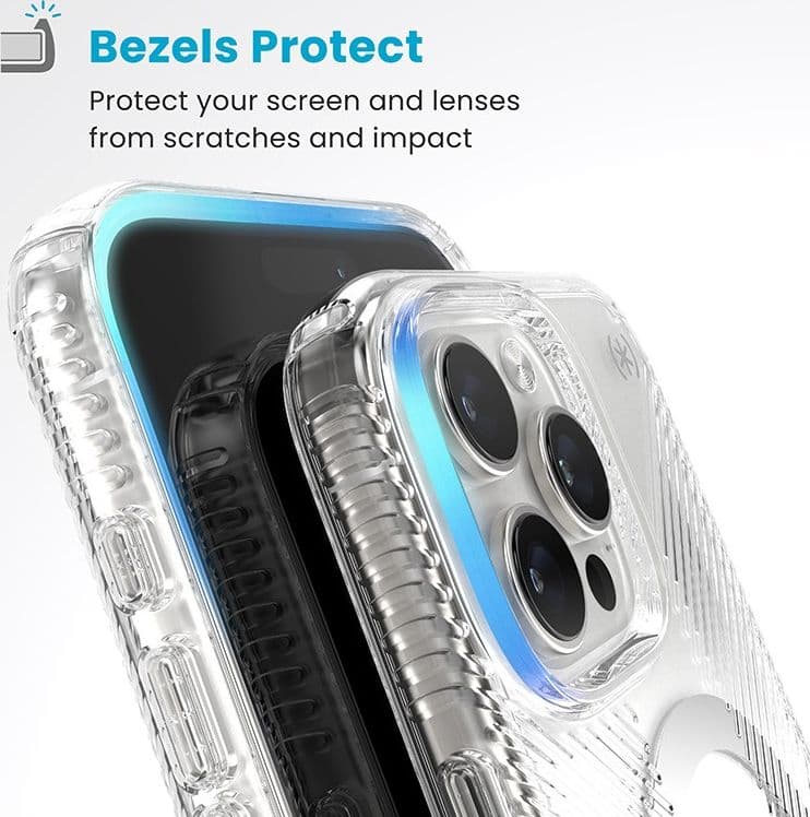 Speck Presidio Perfect-Clear Grip MagSafe - Custodia per iPhone 16 Pro Max (Trasparente / Finitura cromata / Argento Sereno) - 14