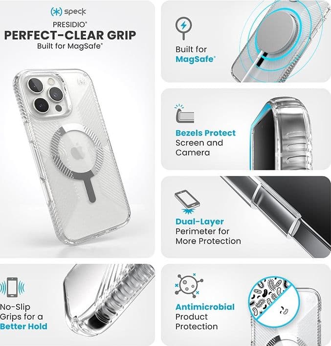 Speck Presidio Perfect-Clear Grip MagSafe - Custodia per iPhone 16 Pro Max (Trasparente / Finitura cromata / Argento Sereno) - 16