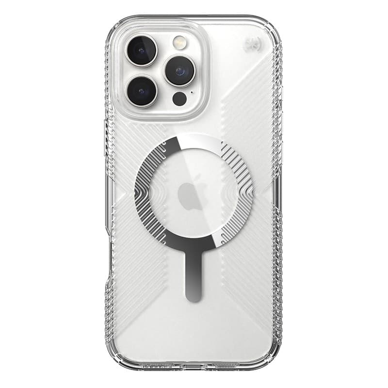 Speck Presidio Perfect-Clear Grip MagSafe - Custodia per iPhone 16 Pro Max (Trasparente / Finitura cromata / Argento Sereno) - 19