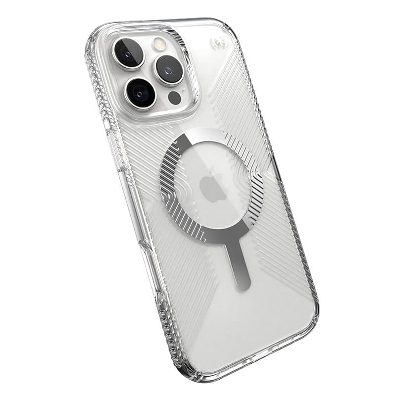 Speck Presidio Perfect-Clear Grip MagSafe - Custodia per iPhone 16 Pro Max (Trasparente / Finitura cromata / Argento Sereno) - 8