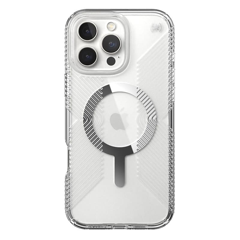Speck Presidio Perfect-Clear Grip MagSafe - Custodia per iPhone 16 Pro Max (Trasparente / Finitura cromata / Argento Sereno) - 9