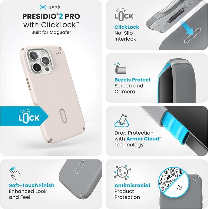 Speck Presidio2 Pro ClickLock e MagSafe - Custodia per iPhone 16 Pro (Osso sbiancato / Oro antico / Marrone nocciola) - 3
