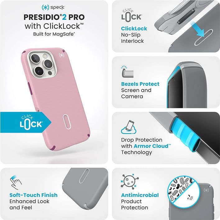 Speck Presidio2 Pro ClickLock e MagSafe - Custodia per iPhone 16 Pro (rosa mercoledi / viola Boysenberry / bianco) - 3