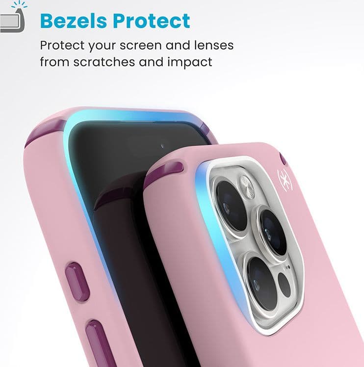 Speck Presidio2 Pro ClickLock e MagSafe - Custodia per iPhone 16 Pro (rosa mercoledi / viola Boysenberry / bianco) - 6