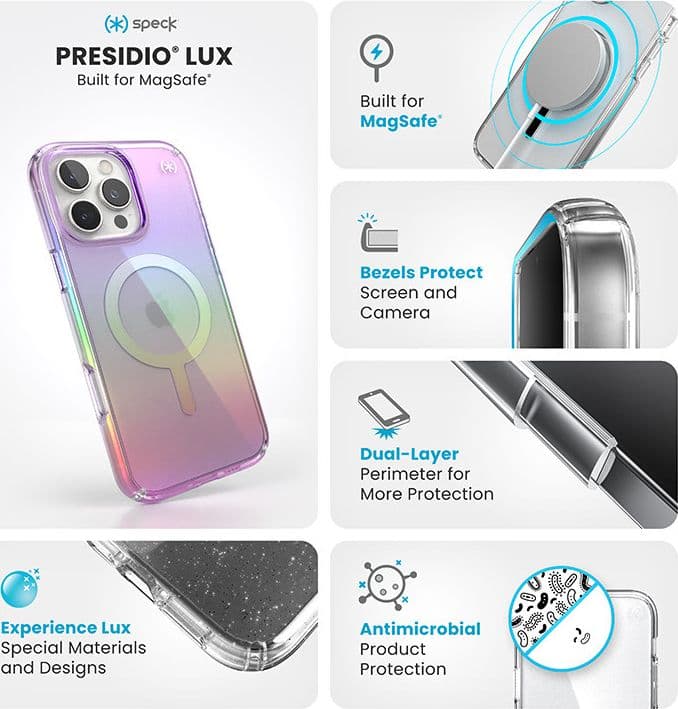 Speck Presidio2 Lux MagSafe - Custodia per iPhone 16 Pro Max (viola incredibile / trasparente) - 6