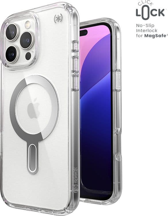 Speck Presidio Perfect-Clear ClickLock e MagSafe - Custodia per iPhone 16 Pro Max (Trasparente / Finitura cromata / Argento Sere