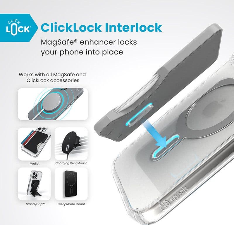 Speck Presidio Perfect-Clear ClickLock e MagSafe - Custodia per iPhone 16 Pro Max (Trasparente / Finitura cromata / Argento Sere - 2