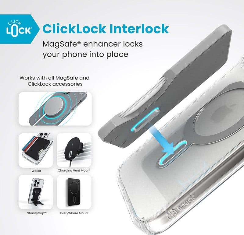 Speck Presidio Perfect-Clear ClickLock e MagSafe - Custodia per iPhone 16 Pro Max (Trasparente / Finitura cromata / Argento Sere - 12