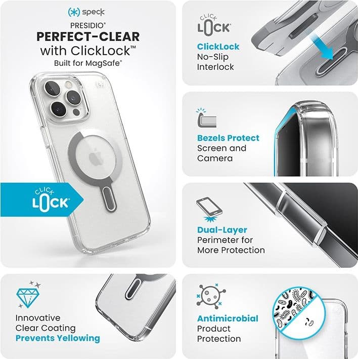 Speck Presidio Perfect-Clear ClickLock e MagSafe - Custodia per iPhone 16 Pro Max (Trasparente / Finitura cromata / Argento Sere - 13