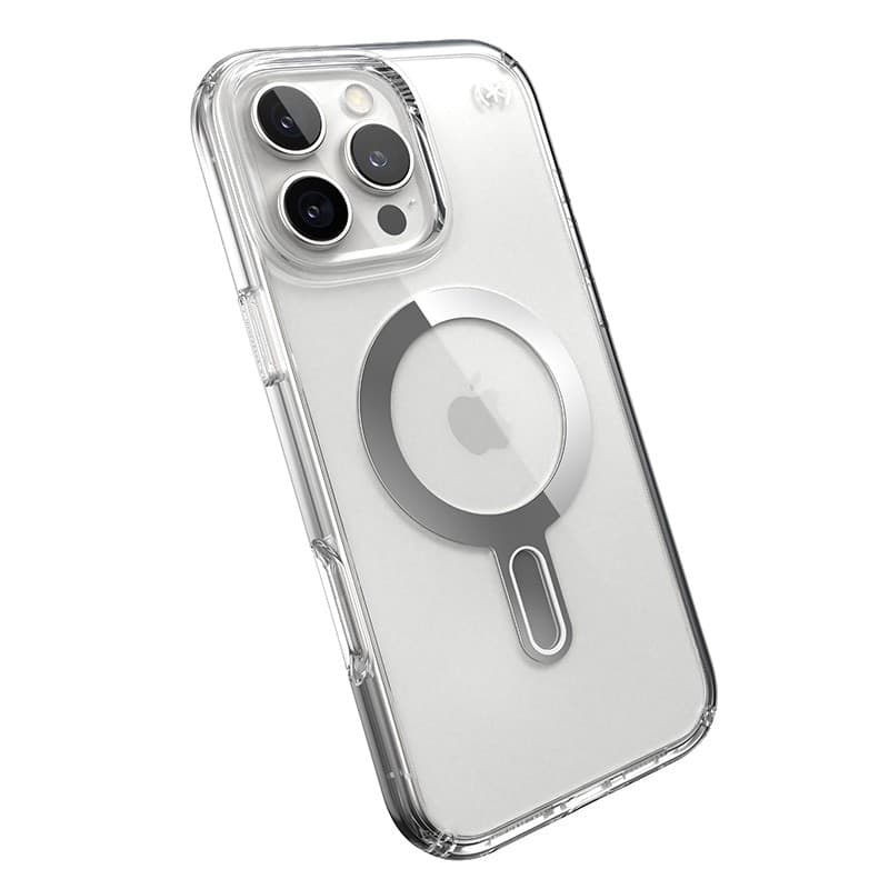 Speck Presidio Perfect-Clear ClickLock e MagSafe - Custodia per iPhone 16 Pro Max (Trasparente / Finitura cromata / Argento Sere - 18