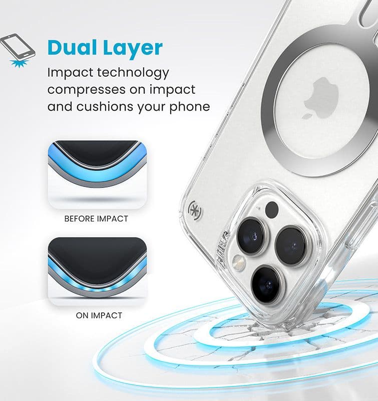 Speck Presidio Perfect-Clear ClickLock e MagSafe - Custodia per iPhone 16 Pro Max (Trasparente / Finitura cromata / Argento Sere - 4