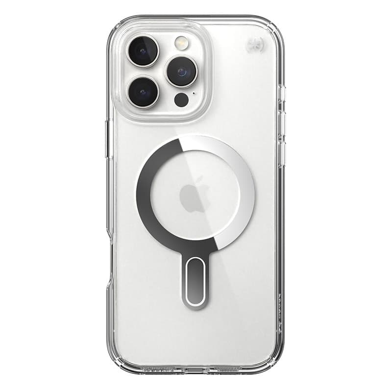 Speck Presidio Perfect-Clear ClickLock e MagSafe - Custodia per iPhone 16 Pro Max (Trasparente / Finitura cromata / Argento Sere - 9