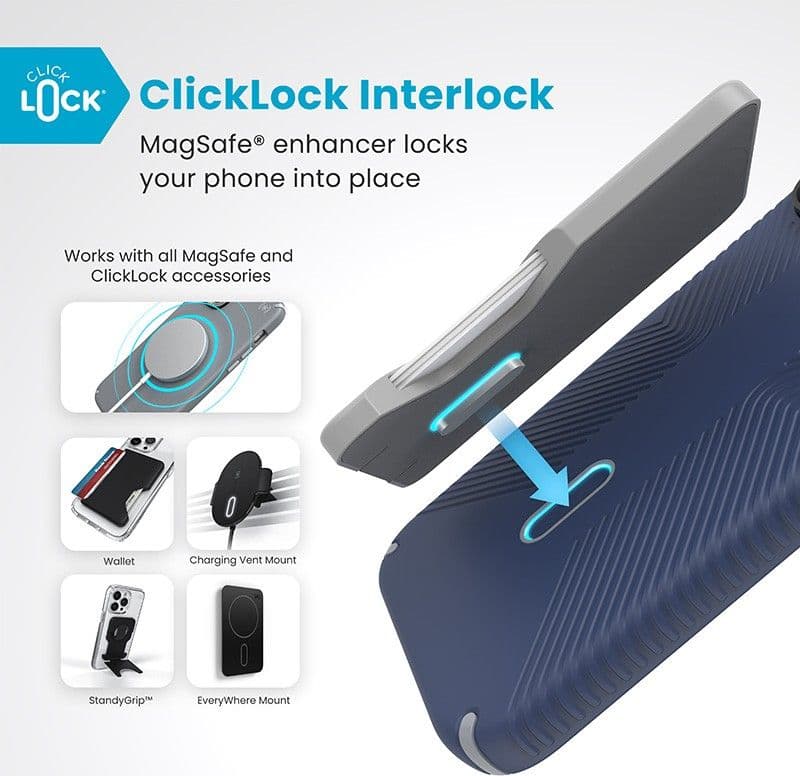 Speck Presidio2 Grip ClickLock e MagSafe - Custodia per iPhone 16 Pro Max (blu costiero / grigio polvere / bianco) - 12