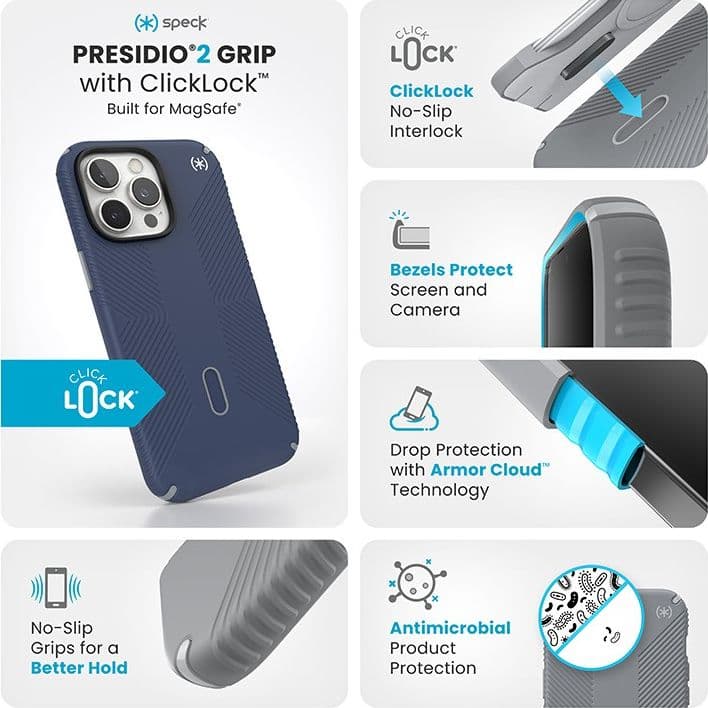 Speck Presidio2 Grip ClickLock e MagSafe - Custodia per iPhone 16 Pro Max (blu costiero / grigio polvere / bianco) - 13