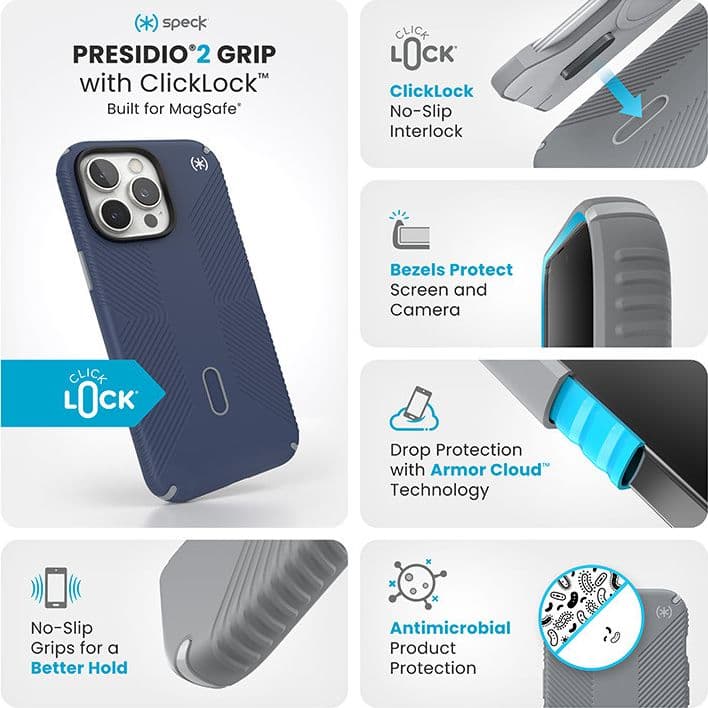 Speck Presidio2 Grip ClickLock e MagSafe - Custodia per iPhone 16 Pro Max (blu costiero / grigio polvere / bianco) - 3