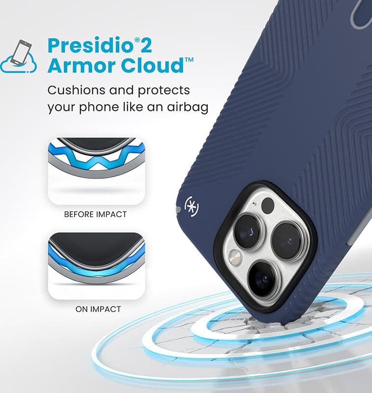 Speck Presidio2 Grip ClickLock e MagSafe - Custodia per iPhone 16 Pro Max (blu costiero / grigio polvere / bianco) - 4