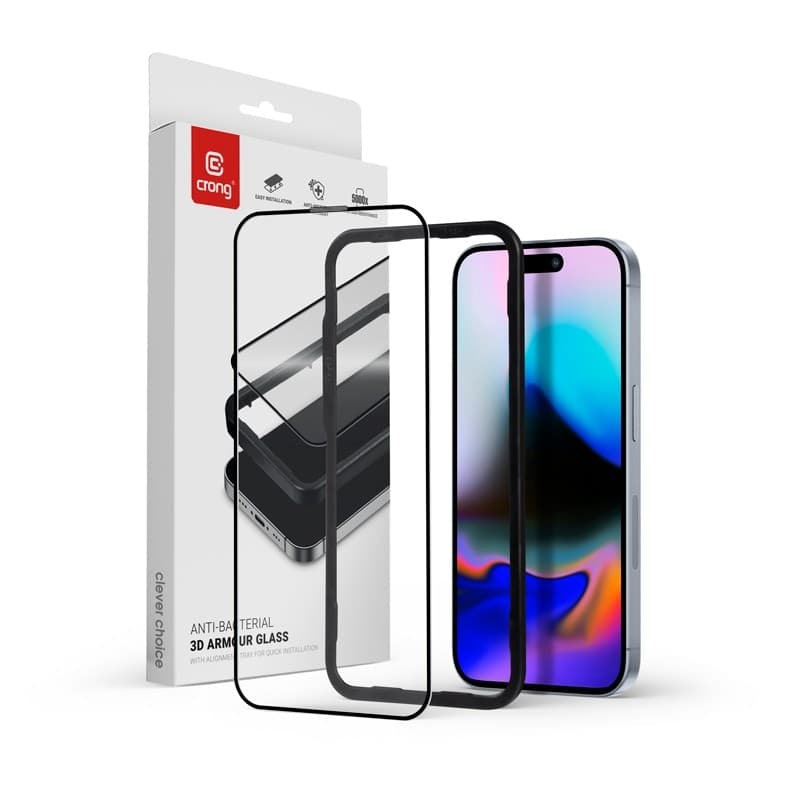 Crong Anti-Bacterial 3D Armor Glass - Vetro temperato 9H Full Glue per iPhone 16 Pro + telaio di installazione - 7