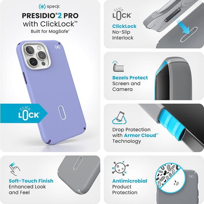 Speck Presidio2 Pro ClickLock e MagSafe - Custodia per iPhone 16 Pro Max (Lavanda futura / Viola cassis / Bianco) - 3