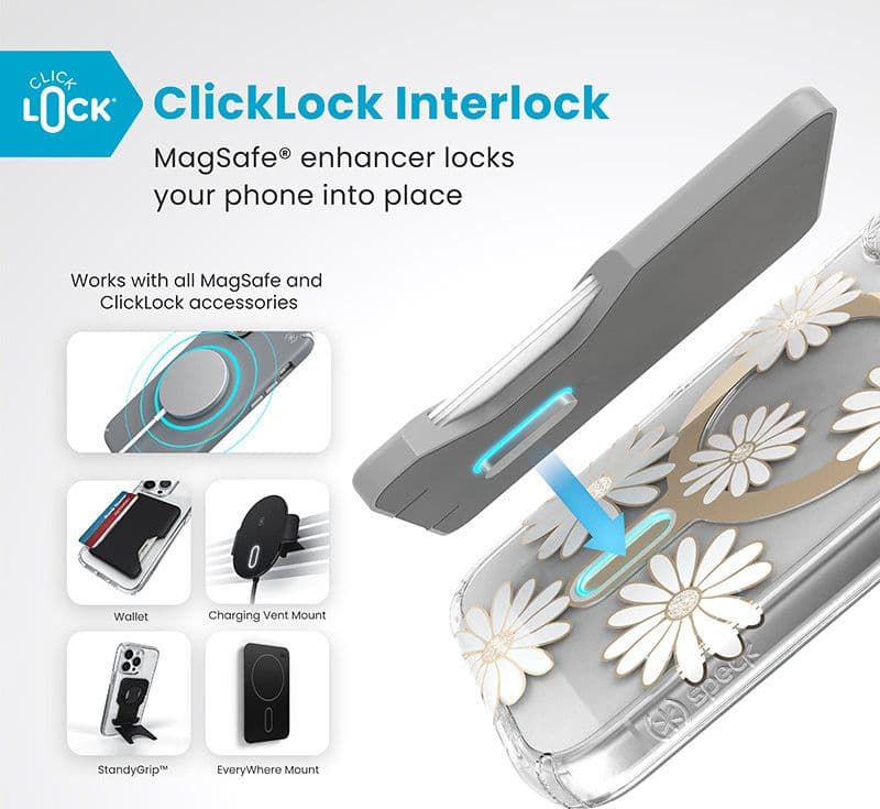 Speck Presidio Lux ClickLock & MagSafe - Custodia per iPhone 16 (Sunshine Daisies / Trasparente / Oro) - 2