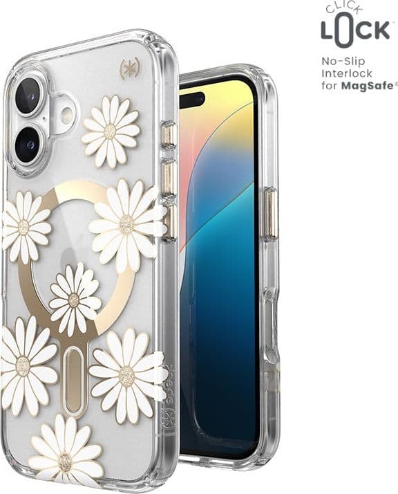 Speck Presidio Lux ClickLock & MagSafe - Custodia per iPhone 16 (Sunshine Daisies / Trasparente / Oro) - 11
