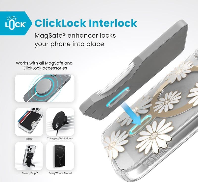 Speck Presidio Lux ClickLock & MagSafe - Custodia per iPhone 16 (Sunshine Daisies / Trasparente / Oro) - 12