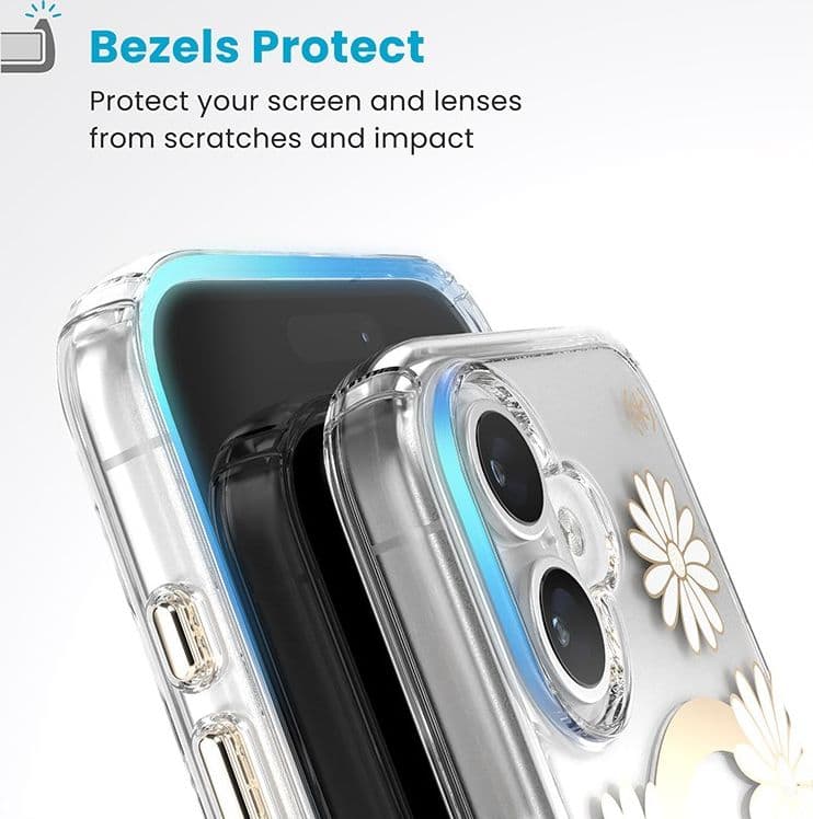 Speck Presidio Lux ClickLock & MagSafe - Custodia per iPhone 16 (Sunshine Daisies / Trasparente / Oro) - 16
