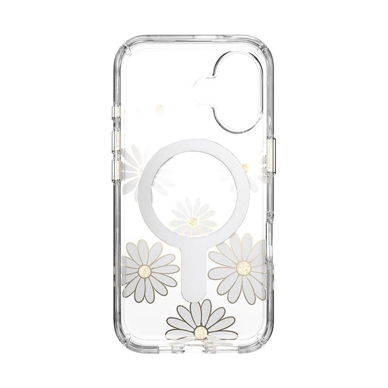 Speck Presidio Lux ClickLock & MagSafe - Custodia per iPhone 16 (Sunshine Daisies / Trasparente / Oro) - 20