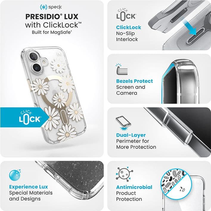 Speck Presidio Lux ClickLock & MagSafe - Custodia per iPhone 16 (Sunshine Daisies / Trasparente / Oro) - 3