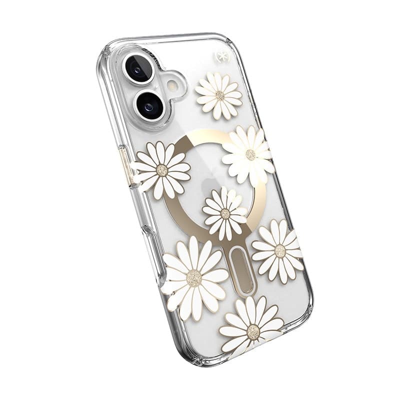 Speck Presidio Lux ClickLock & MagSafe - Custodia per iPhone 16 (Sunshine Daisies / Trasparente / Oro) - 8