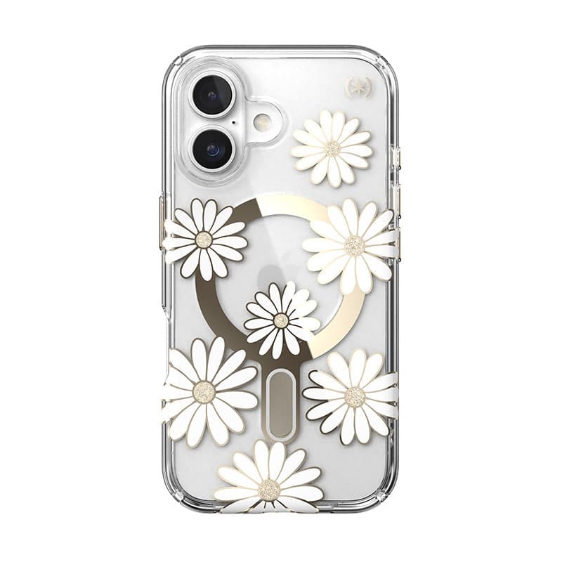 Speck Presidio Lux ClickLock & MagSafe - Custodia per iPhone 16 (Sunshine Daisies / Trasparente / Oro) - 9