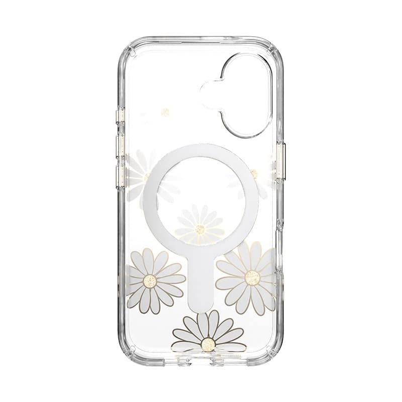 Speck Presidio Lux ClickLock & MagSafe - Custodia per iPhone 16 (Sunshine Daisies / Trasparente / Oro) - 10