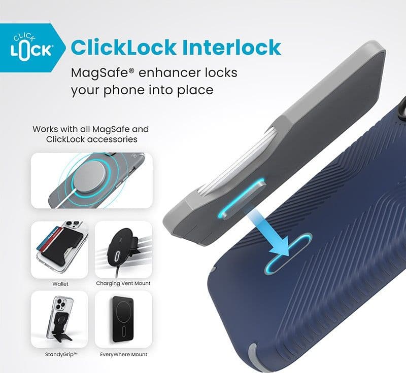 Speck Presidio2 Grip ClickLock e MagSafe - Custodia per iPhone 16 (blu costiero / grigio polvere / bianco) - 12
