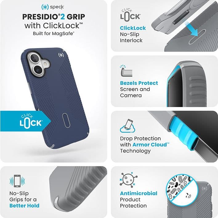 Speck Presidio2 Grip ClickLock e MagSafe - Custodia per iPhone 16 (blu costiero / grigio polvere / bianco) - 3
