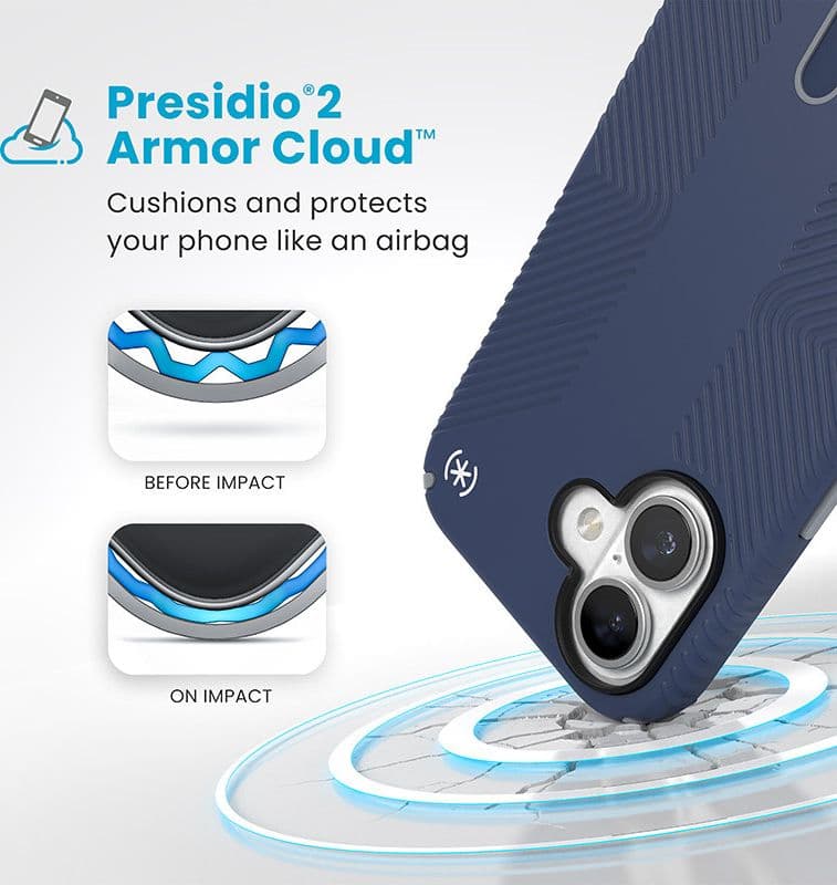 Speck Presidio2 Grip ClickLock e MagSafe - Custodia per iPhone 16 (blu costiero / grigio polvere / bianco) - 4