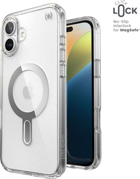 Speck Presidio Perfect-Clear ClickLock e MagSafe - Custodia per iPhone 16 Plus (Trasparente / Finitura cromata / Argento Serene) - 11