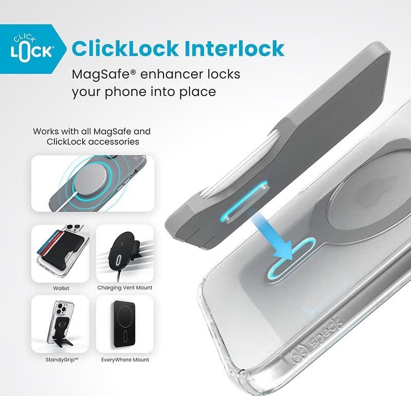 Speck Presidio Perfect-Clear ClickLock e MagSafe - Custodia per iPhone 16 Plus (Trasparente / Finitura cromata / Argento Serene) - 12