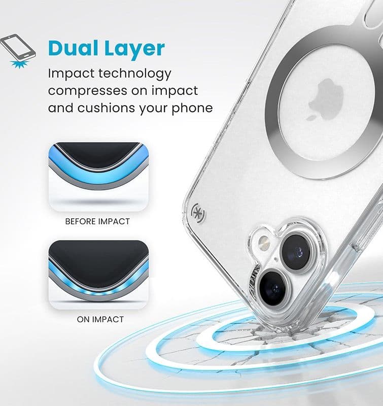 Speck Presidio Perfect-Clear ClickLock e MagSafe - Custodia per iPhone 16 Plus (Trasparente / Finitura cromata / Argento Serene) - 14