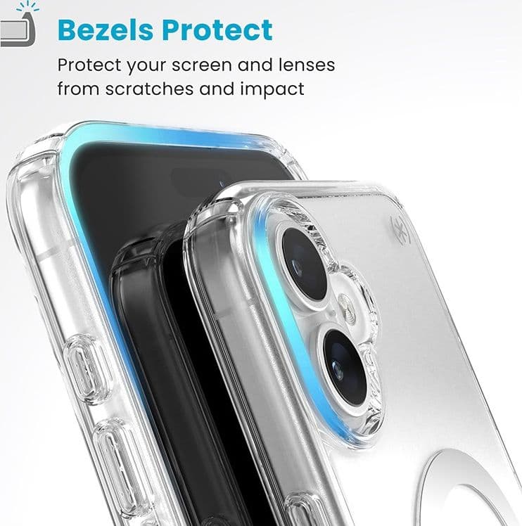 Speck Presidio Perfect-Clear ClickLock e MagSafe - Custodia per iPhone 16 Plus (Trasparente / Finitura cromata / Argento Serene) - 16