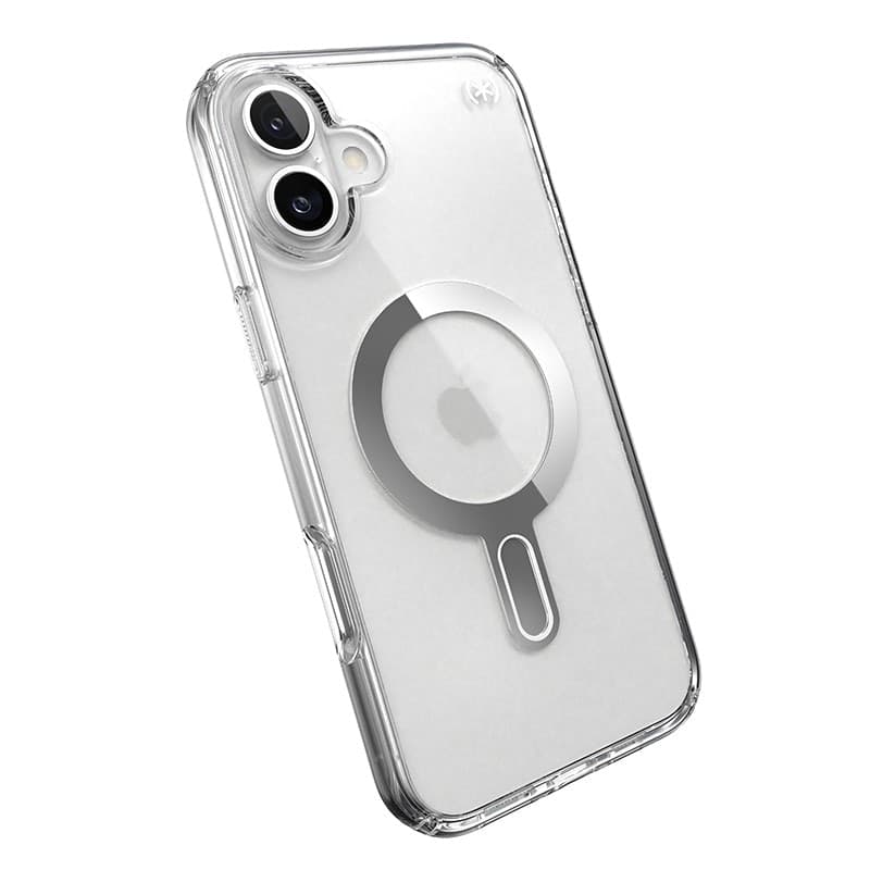 Speck Presidio Perfect-Clear ClickLock e MagSafe - Custodia per iPhone 16 Plus (Trasparente / Finitura cromata / Argento Serene) - 18
