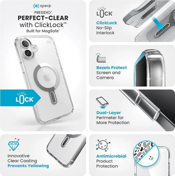 Speck Presidio Perfect-Clear ClickLock e MagSafe - Custodia per iPhone 16 Plus (Trasparente / Finitura cromata / Argento Serene) - 3