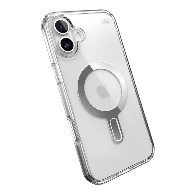 Speck Presidio Perfect-Clear ClickLock e MagSafe - Custodia per iPhone 16 Plus (Trasparente / Finitura cromata / Argento Serene) - 8
