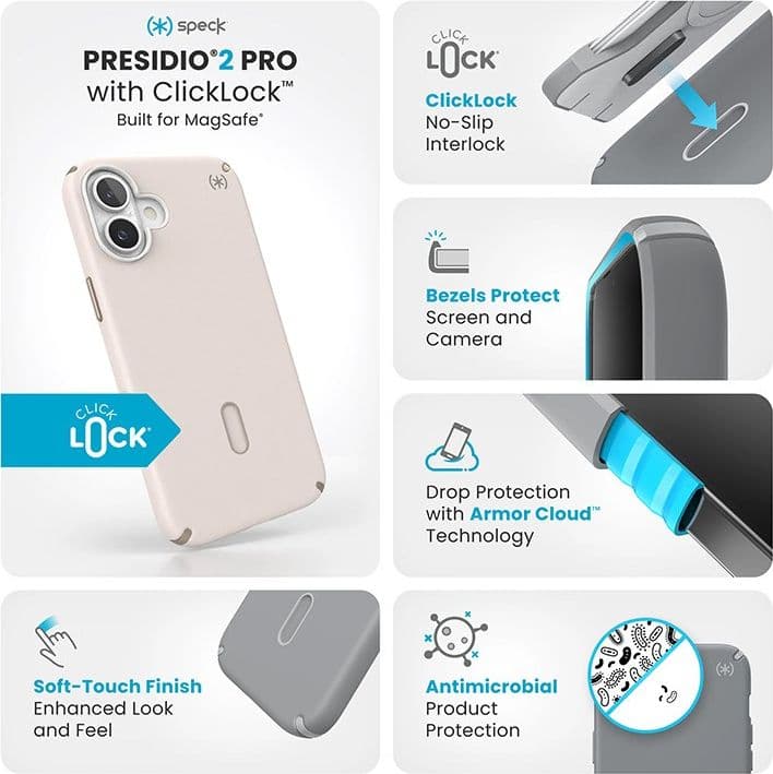 Speck Presidio2 Pro ClickLock e MagSafe - Custodia per iPhone 16 Plus (Osso sbiancato / Oro antico / Marrone nocciola) - 13