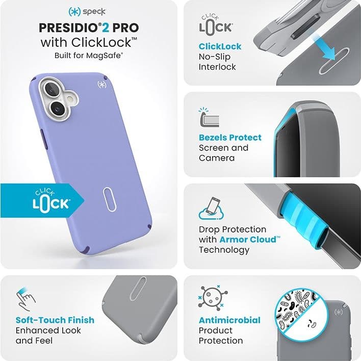Speck Presidio2 Pro ClickLock e MagSafe - Custodia per iPhone 16 Plus (Lavanda futura / Viola cassis / Bianco) - 13
