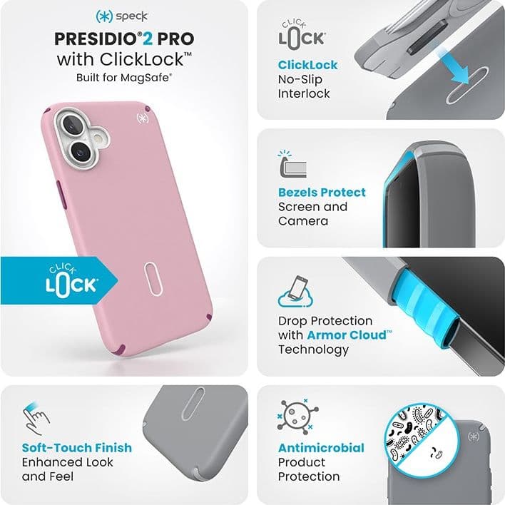 Speck Presidio2 Pro ClickLock e MagSafe - Custodia per iPhone 16 Plus (rosa mercoledi / viola Boysenberry / bianco) - 13