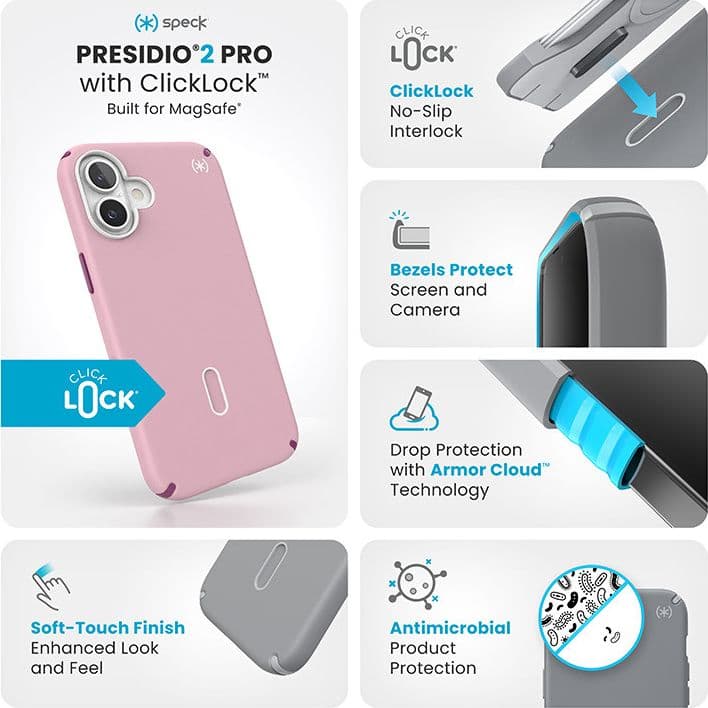Speck Presidio2 Pro ClickLock e MagSafe - Custodia per iPhone 16 Plus (rosa mercoledi / viola Boysenberry / bianco) - 3
