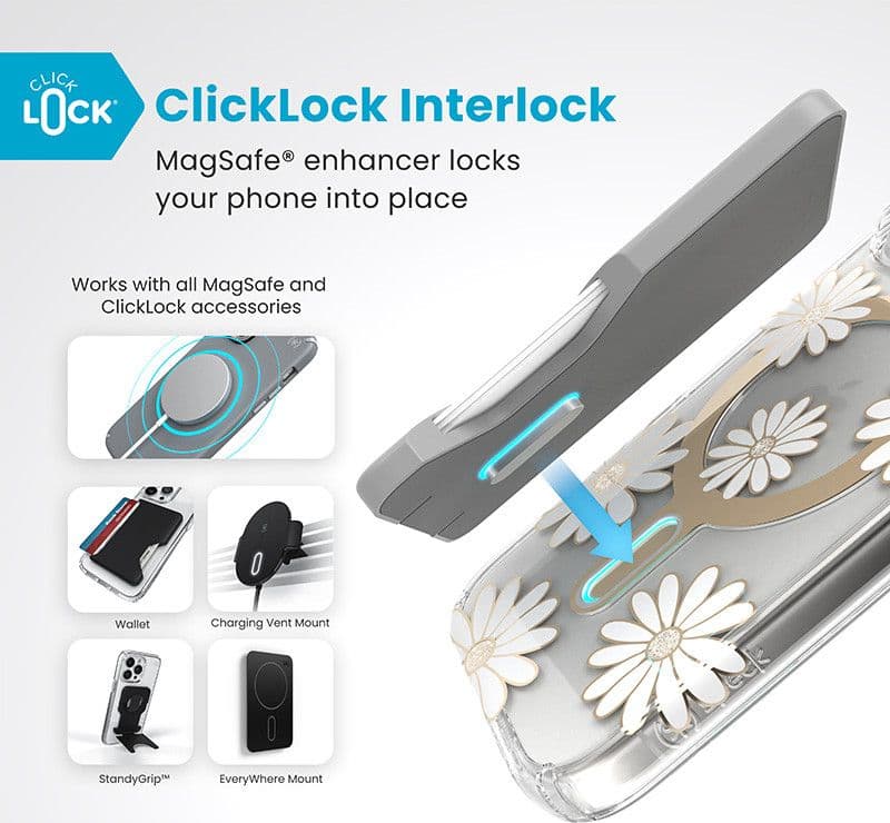 Speck Presidio Lux ClickLock & MagSafe - Custodia per iPhone 16 Pro (Sunshine Daisies / Trasparente / Oro) - 2
