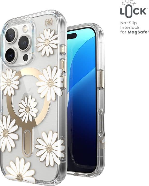 Speck Presidio Lux ClickLock & MagSafe - Custodia per iPhone 16 Pro (Sunshine Daisies / Trasparente / Oro) - 11