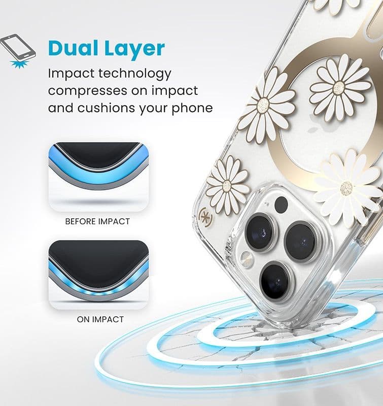 Speck Presidio Lux ClickLock & MagSafe - Custodia per iPhone 16 Pro (Sunshine Daisies / Trasparente / Oro) - 14