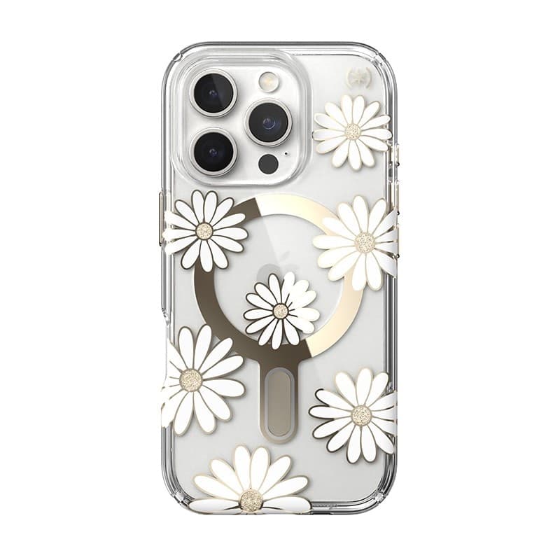 Speck Presidio Lux ClickLock & MagSafe - Custodia per iPhone 16 Pro (Sunshine Daisies / Trasparente / Oro) - 19