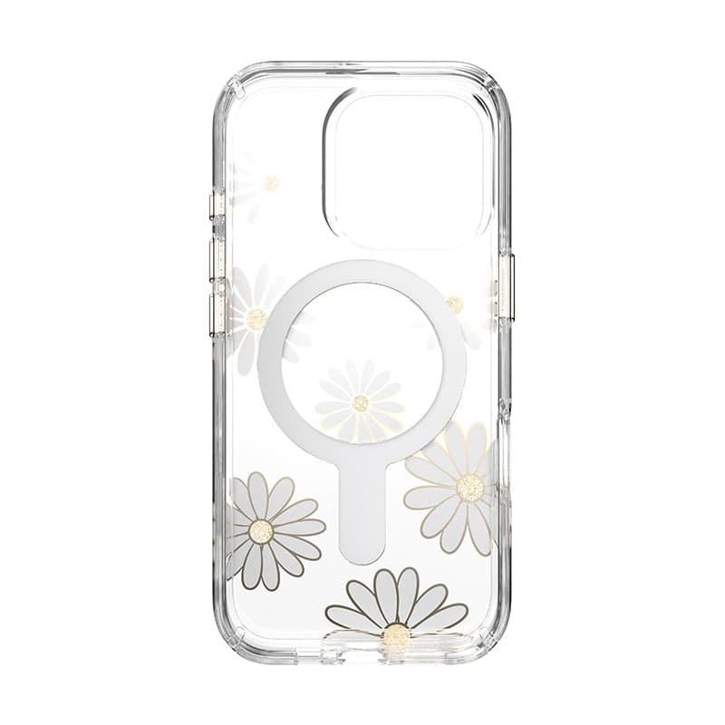 Speck Presidio Lux ClickLock & MagSafe - Custodia per iPhone 16 Pro (Sunshine Daisies / Trasparente / Oro) - 20